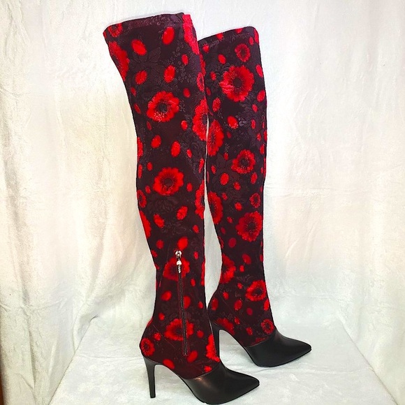 Mac J Black Cherry Stretch Velvet Red Floral OTK Stocking Boots 3.5" High Heel - Picture 9 of 15